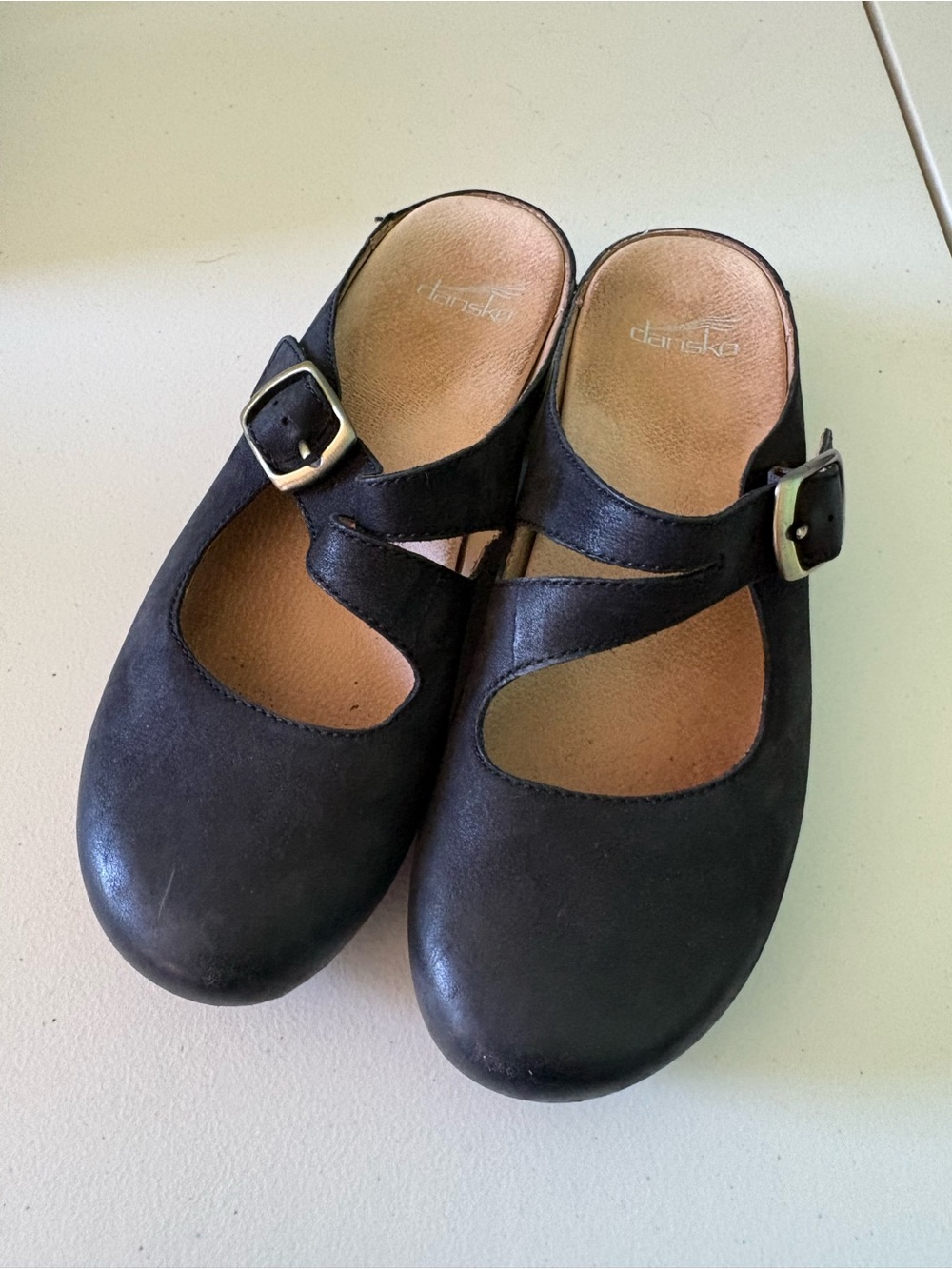 Dansko Black Leather Mary Jane Clog Mules with Buckle